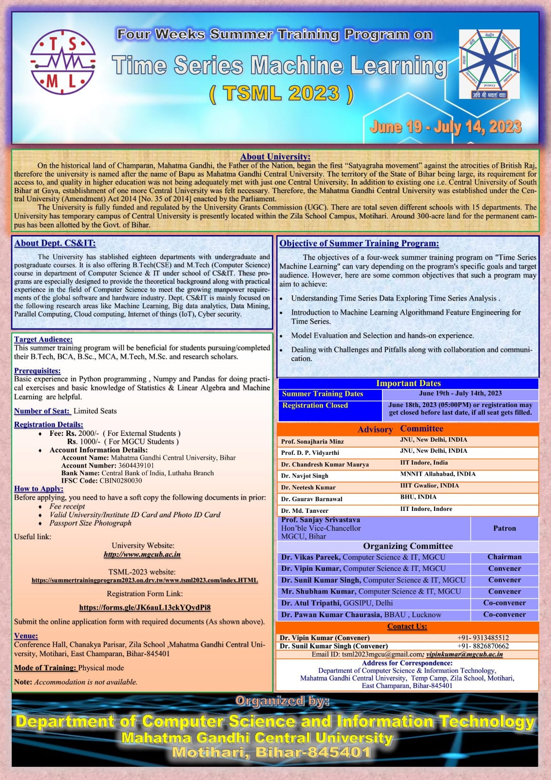 Four Weeks Summer Training Program On TIME SERIES MACHINE LEARNING (TSML 2023)